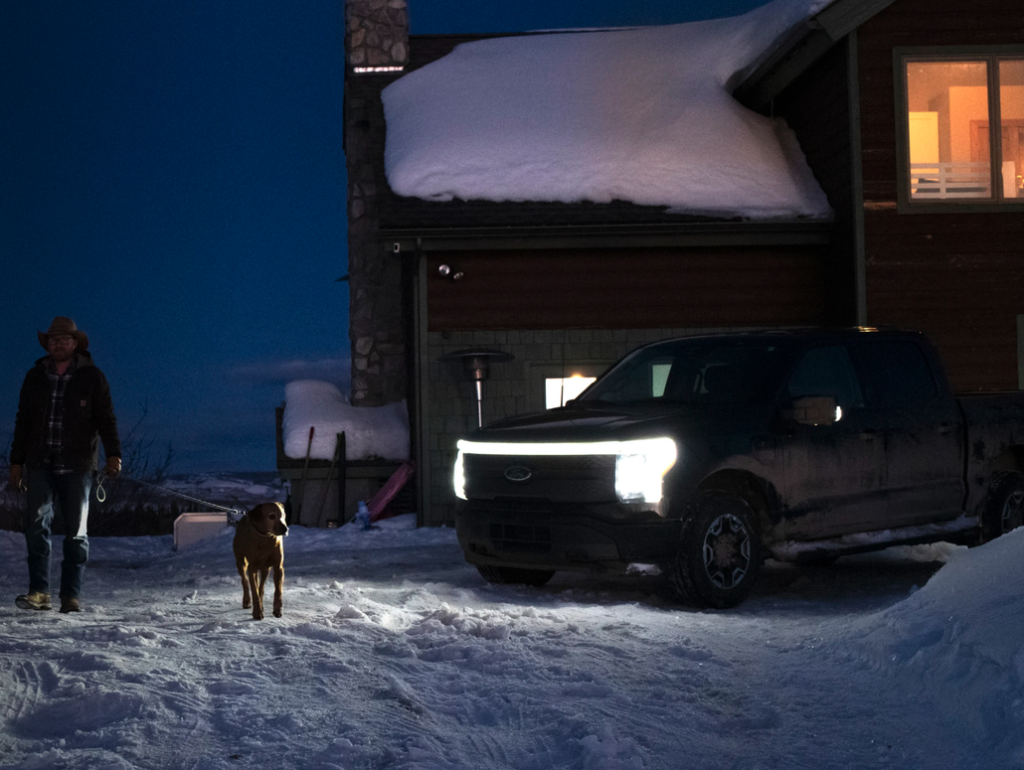 Ben Westby Using His Ford F-150 Lightning's Zone Lighting to Finish After-Work Chores